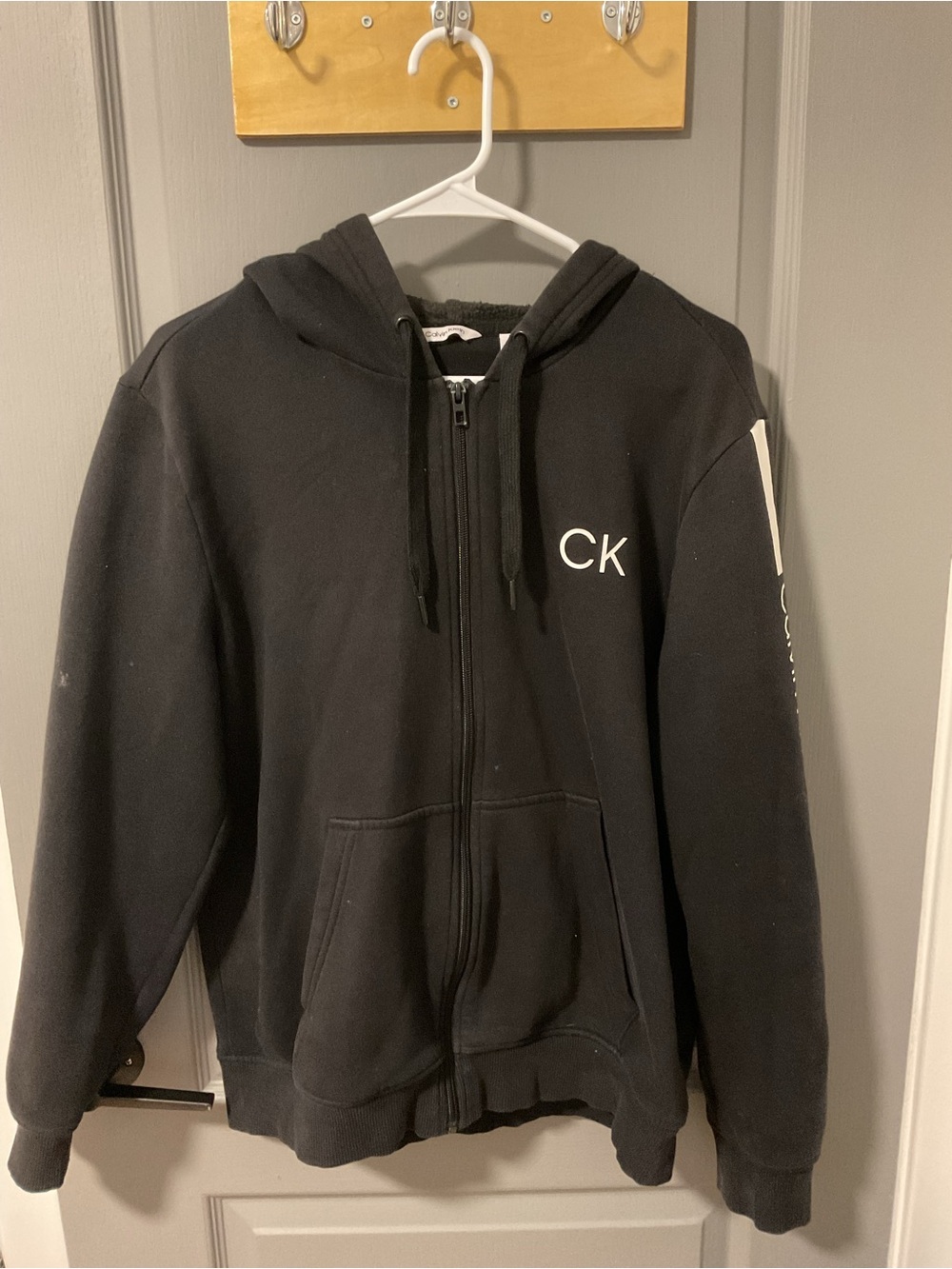 Calvin Klein Black Hoodie Zip Up with White Sleeve Stripe